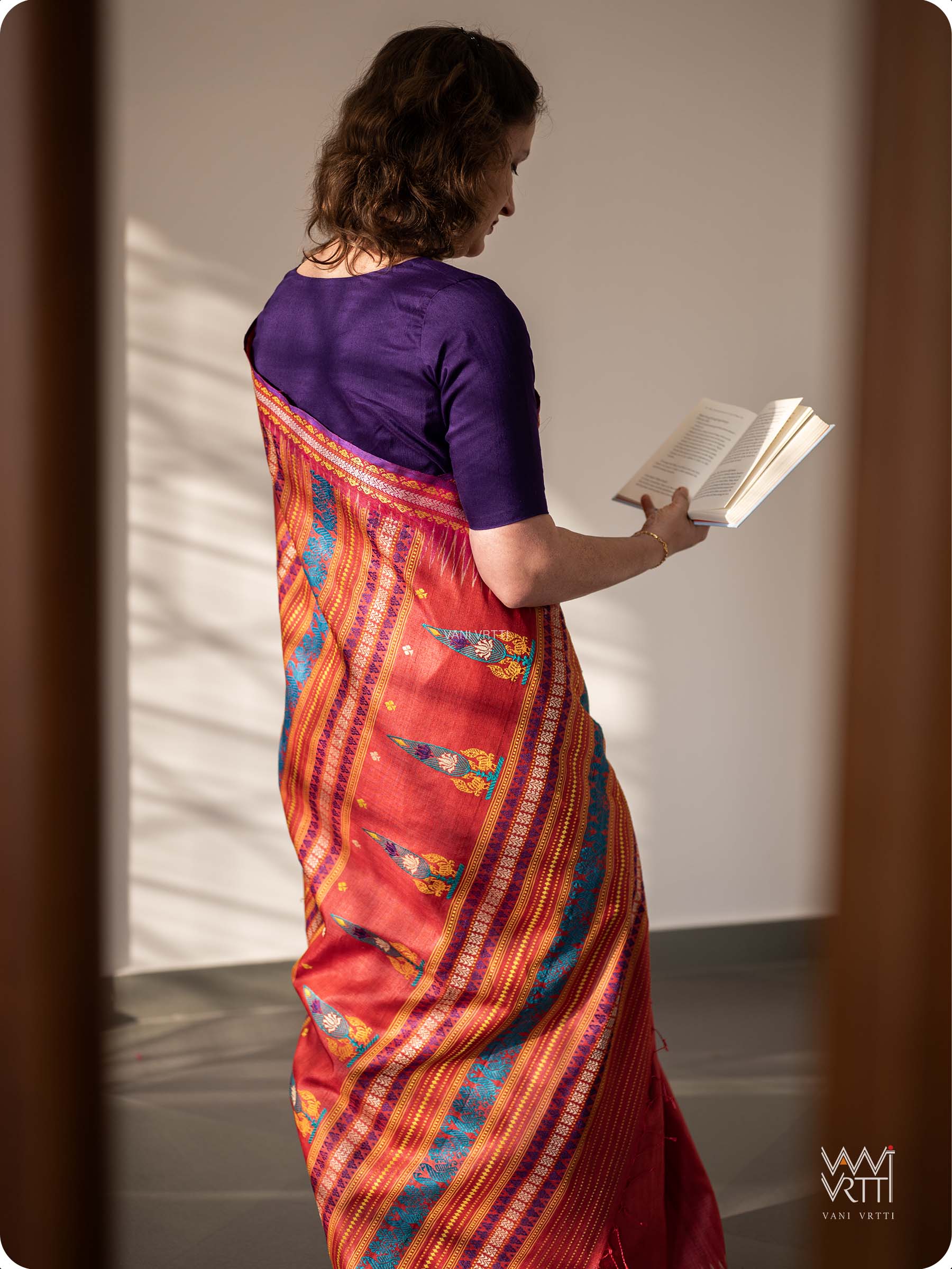 Tomato Red Tree of Life Handspun Tussar Silk Saree