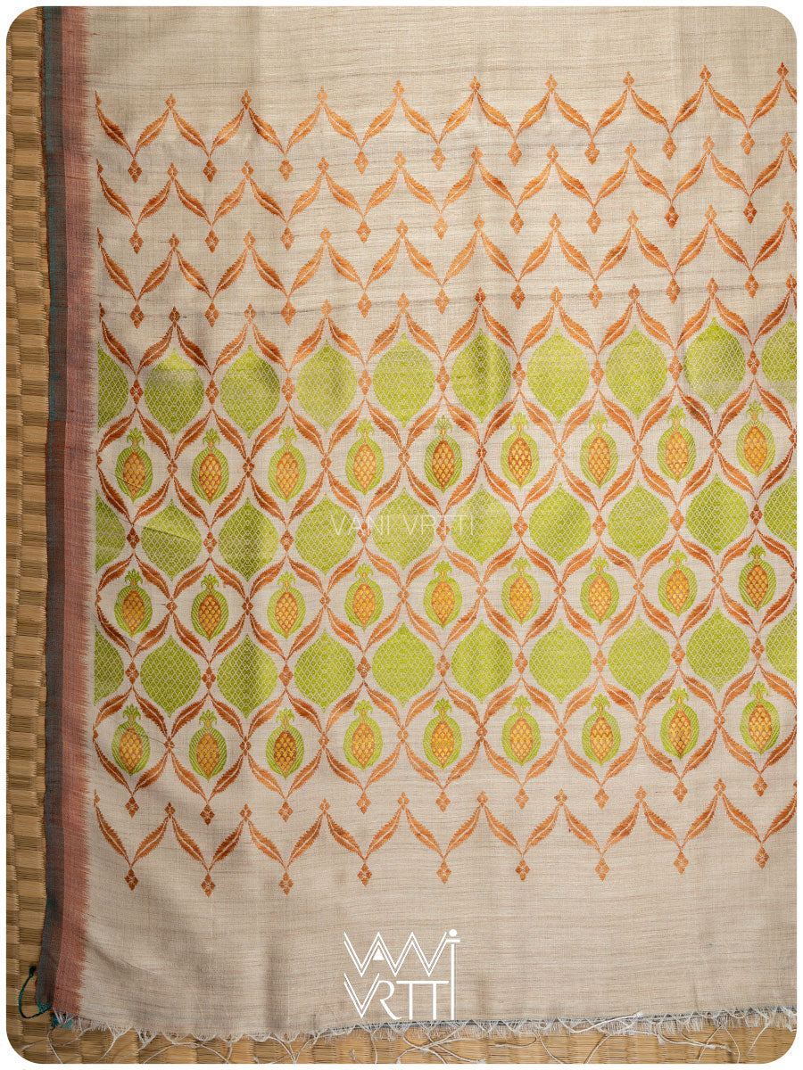 Off White Pomegranate Jaal Handspun Tussar Silk Saree