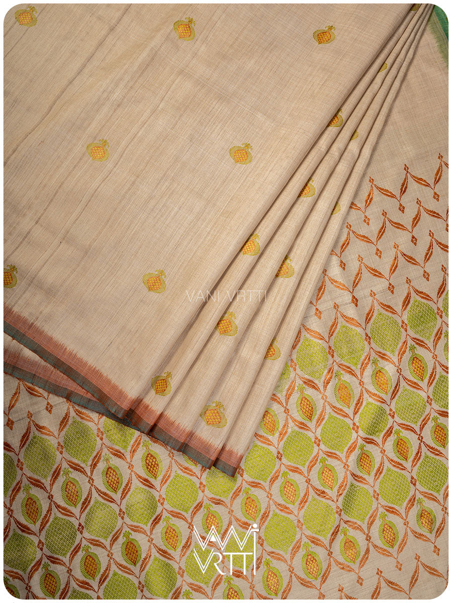 Off White Pomegranate Jaal Handspun Tussar Silk Saree