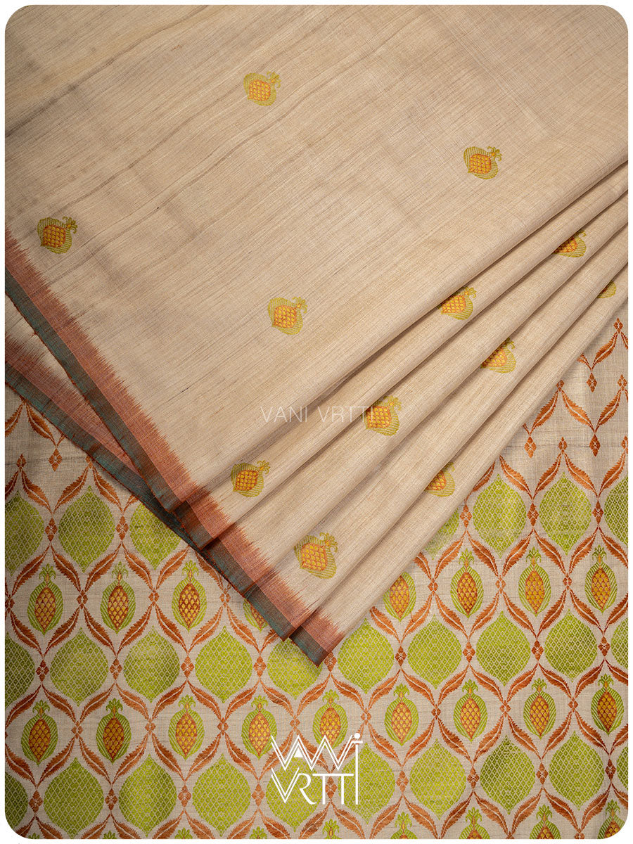 Off White Pomegranate Jaal Handspun Tussar Silk Saree