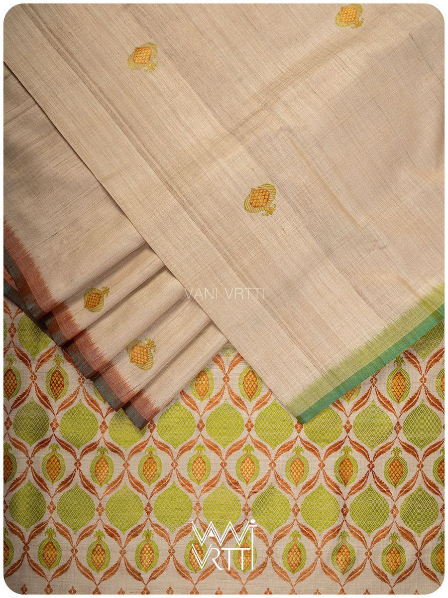 Off White Pomegranate Jaal Handspun Tussar Silk Saree