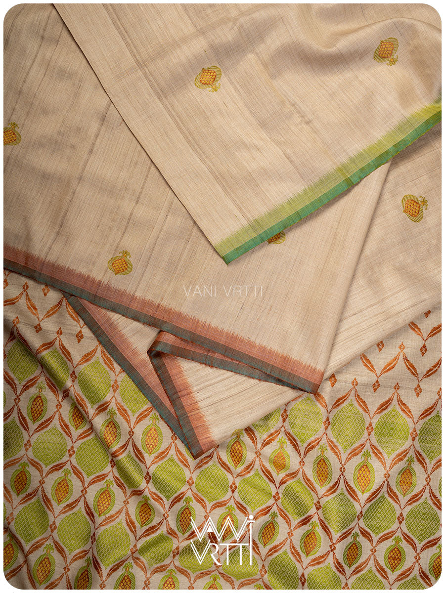 Off White Pomegranate Jaal Handspun Tussar Silk Saree