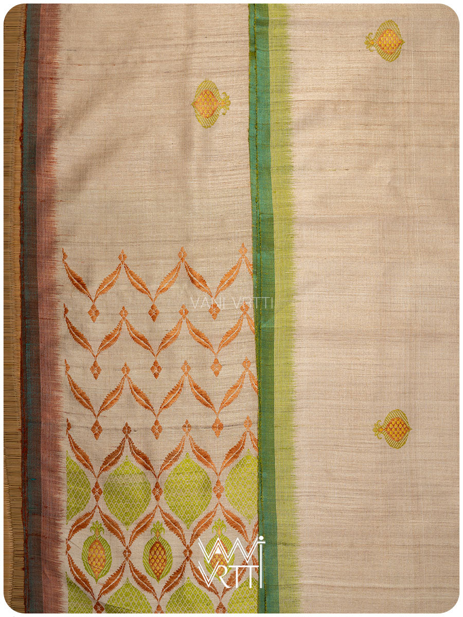 Off White Pomegranate Jaal Handspun Tussar Silk Saree