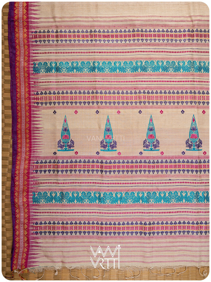 Off White Tree of Life Handspun Tussar Silk Saree