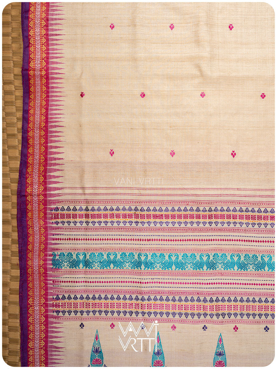 Off White Tree of Life Handspun Tussar Silk Saree