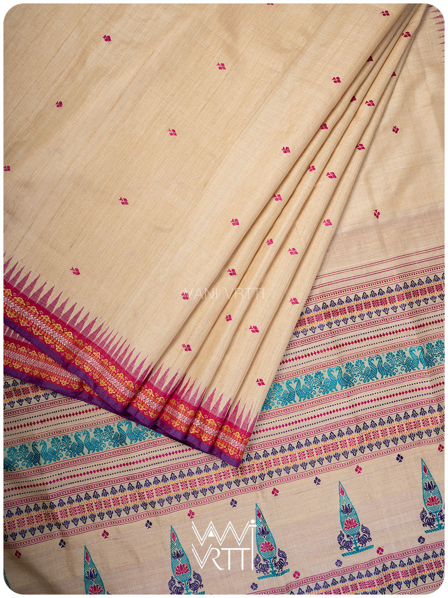 Off White Tree of Life Handspun Tussar Silk Saree