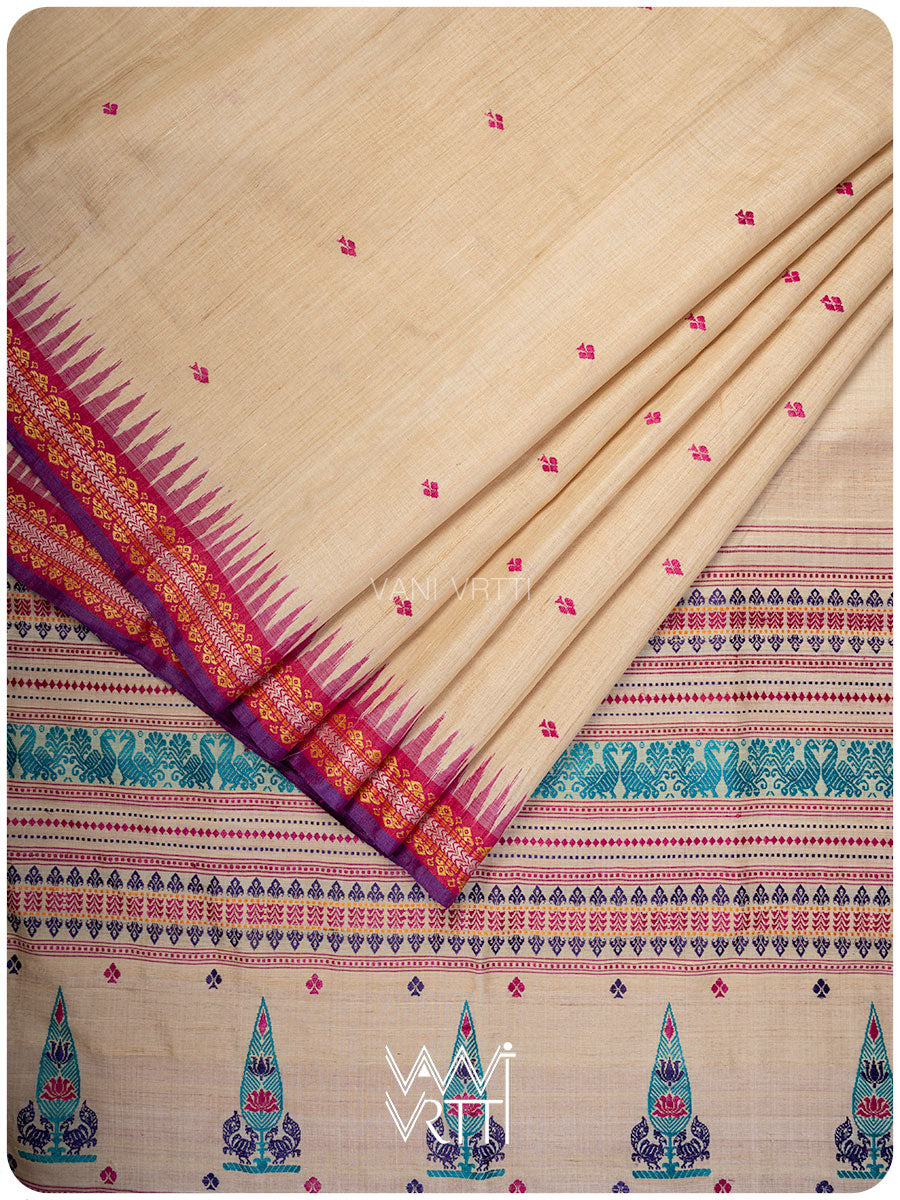 Off White Tree of Life Handspun Tussar Silk Saree