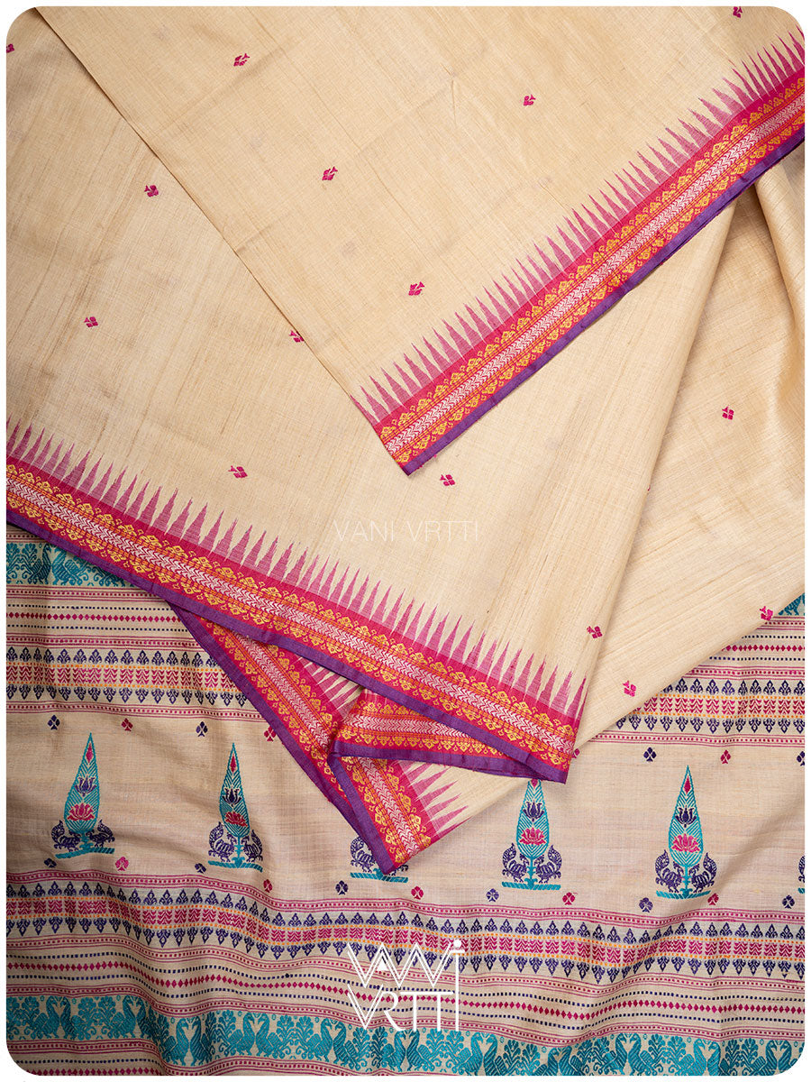 Off White Tree of Life Handspun Tussar Silk Saree