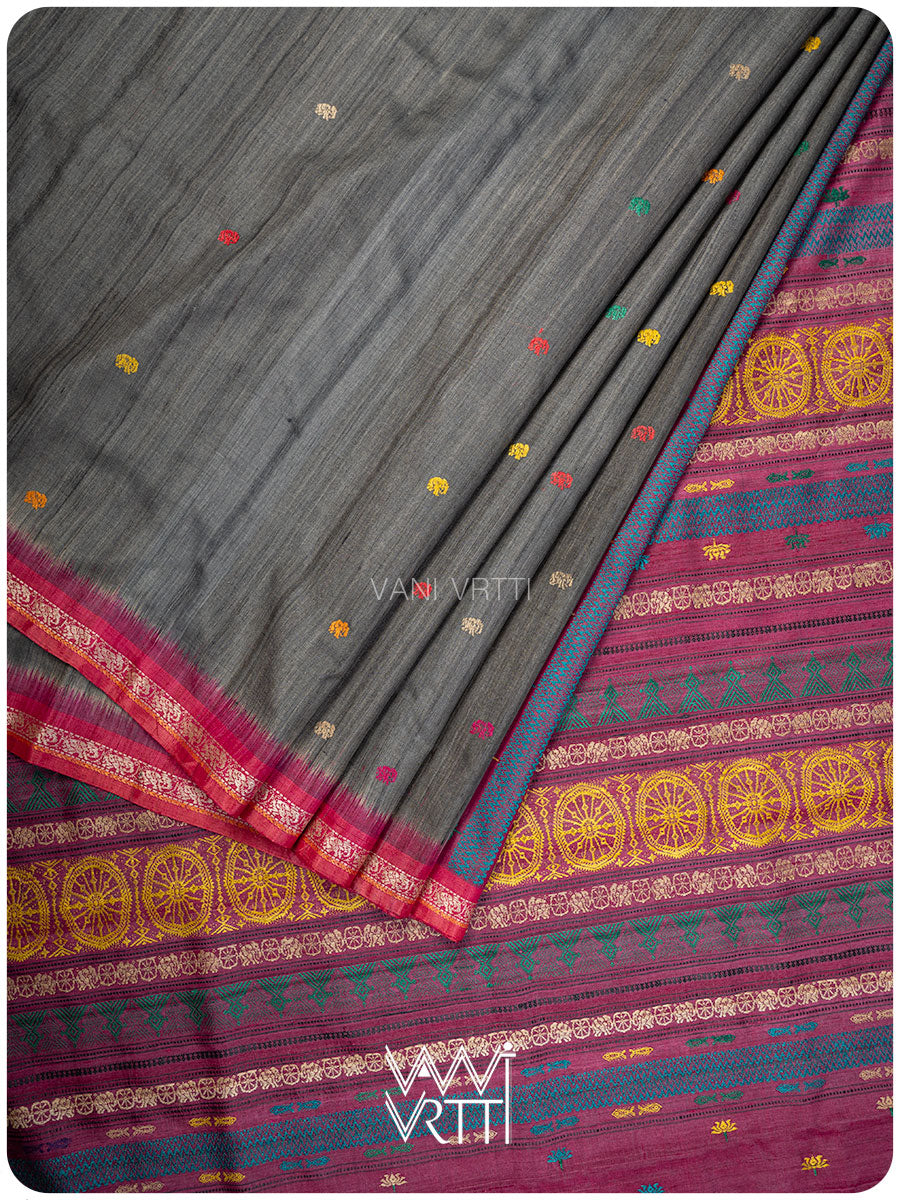 Grey Airavata Konark Double Palla Handspun Tussar Silk Saree