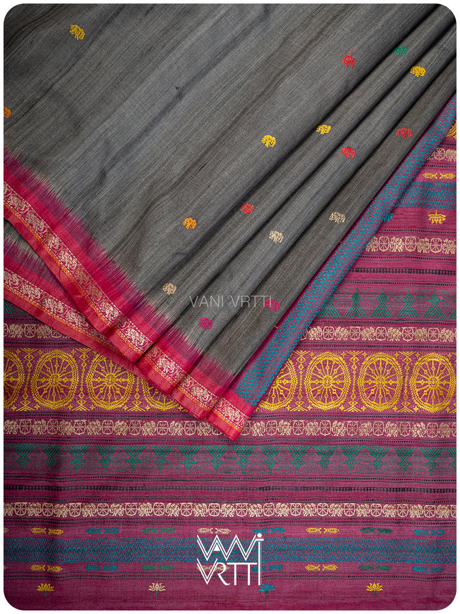 Grey Airavata Konark Double Palla Handspun Tussar Silk Saree