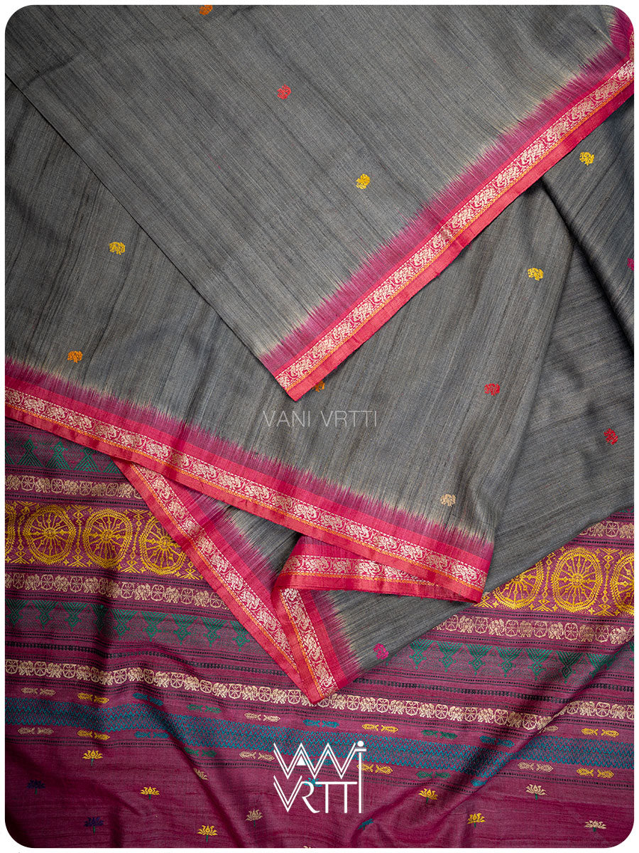 Grey Airavata Konark Double Palla Handspun Tussar Silk Saree