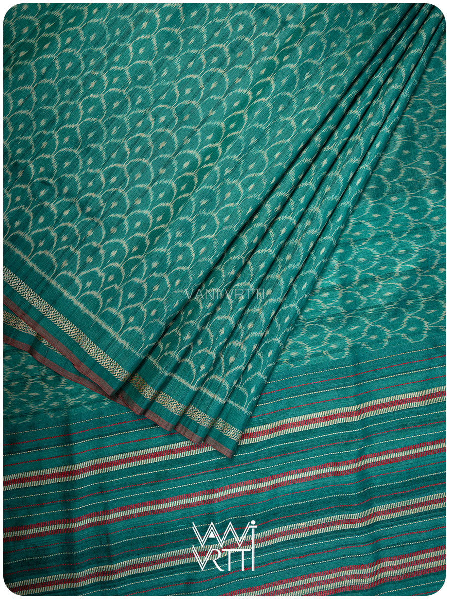 Emerald Green Samudra Lahar Ikat Handspun Tussar Silk Saree