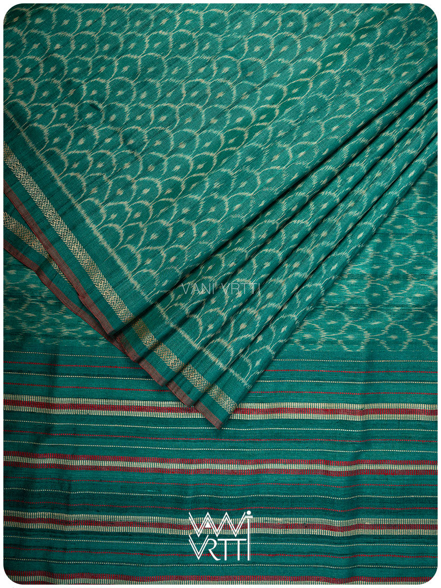 Emerald Green Samudra Lahar Ikat Handspun Tussar Silk Saree