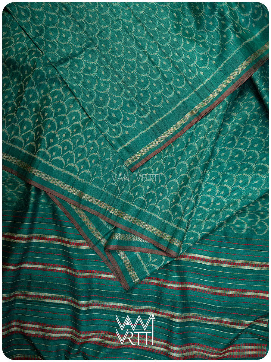 Emerald Green Samudra Lahar Ikat Handspun Tussar Silk Saree