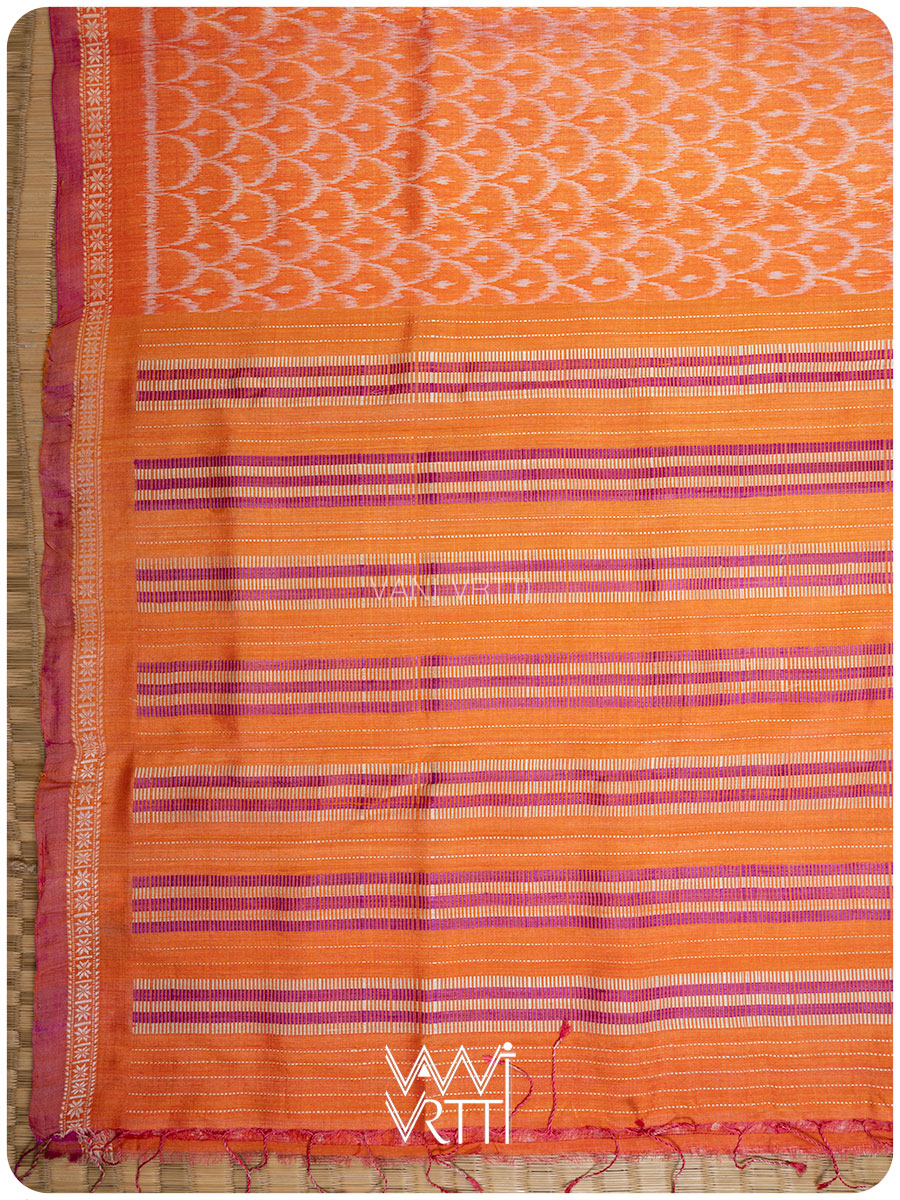 Orange Samudra Lahar Ikat Handspun Tussar Silk Saree