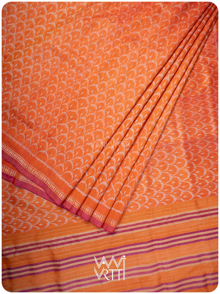 Orange Samudra Lahar Ikat Handspun Tussar Silk Saree