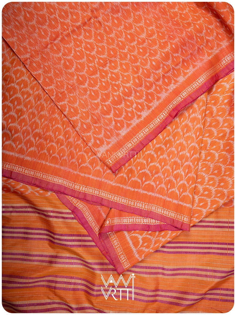 Orange Samudra Lahar Ikat Handspun Tussar Silk Saree