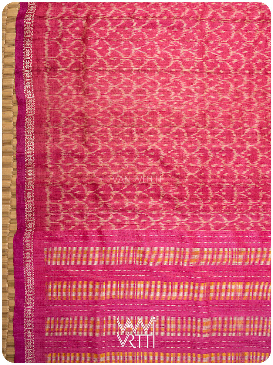 Rani Pink Samudra Lahar Ikat Handspun Tussar Silk Saree