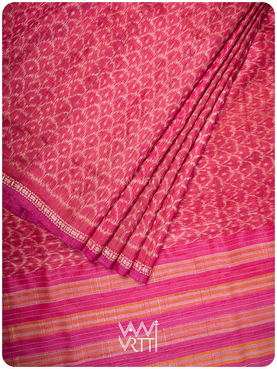 Rani Pink Samudra Lahar Ikat Handspun Tussar Silk Saree