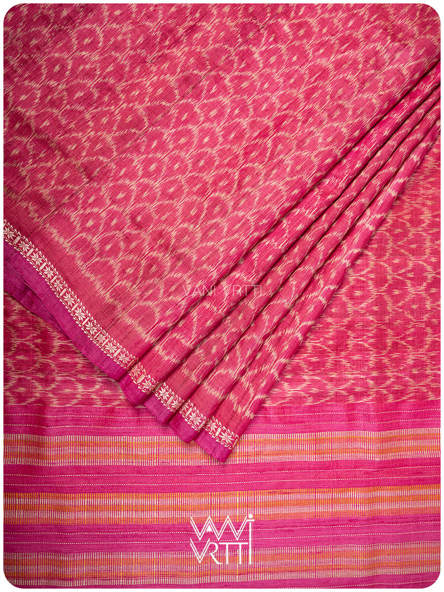 Rani Pink Samudra Lahar Ikat Handspun Tussar Silk Saree