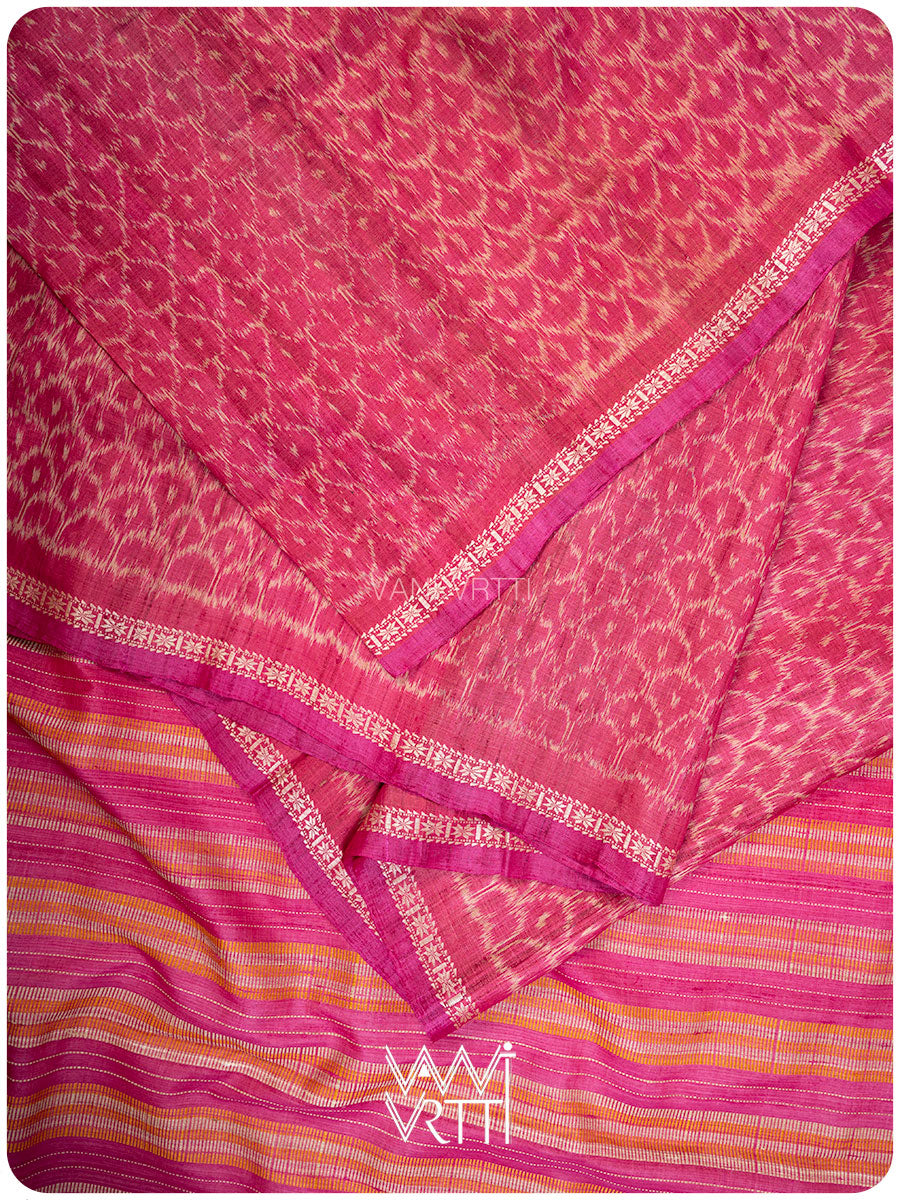 Rani Pink Samudra Lahar Ikat Handspun Tussar Silk Saree