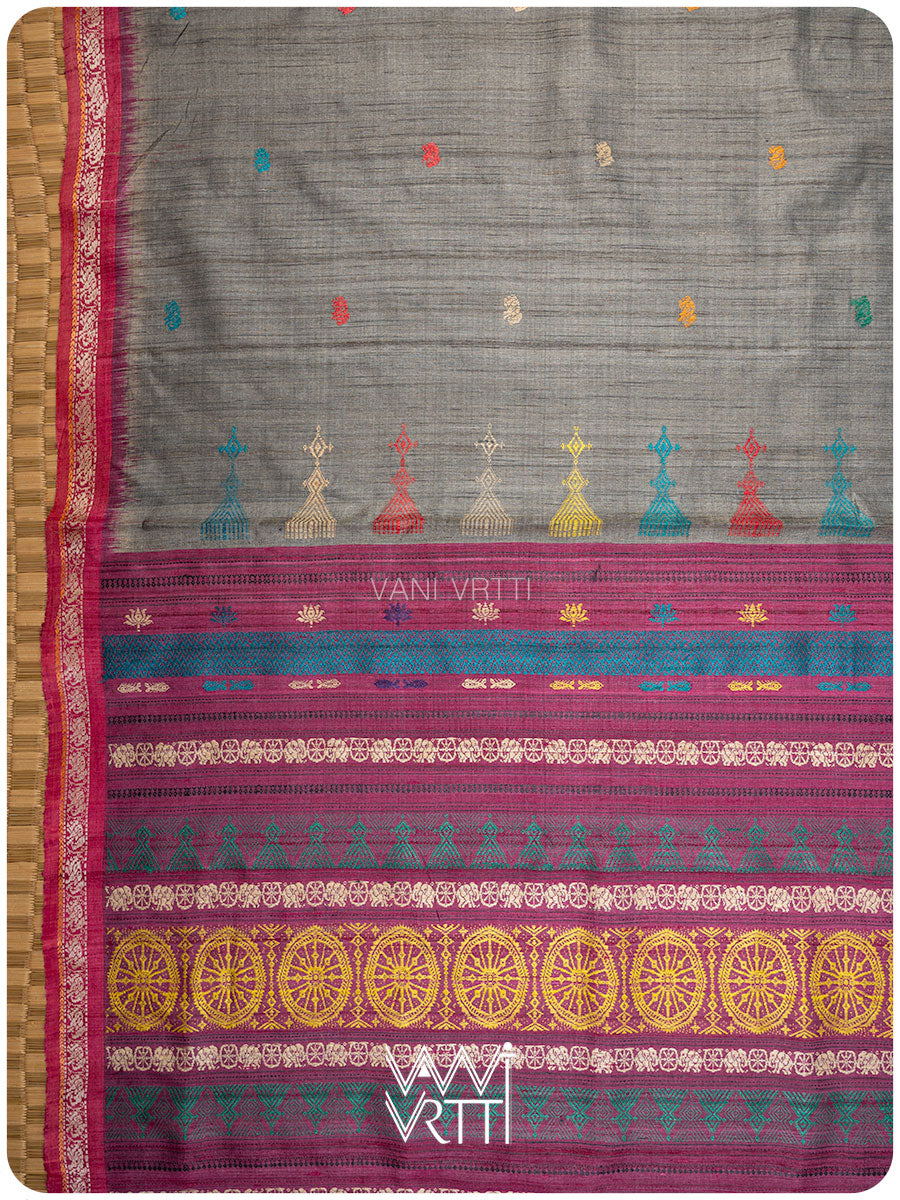 Slate Grey Airavata Konark Double Palla Handspun Tussar Silk Saree