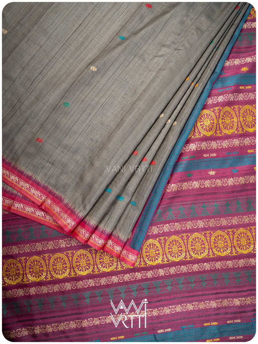 Slate Grey Airavata Konark Double Palla Handspun Tussar Silk Saree