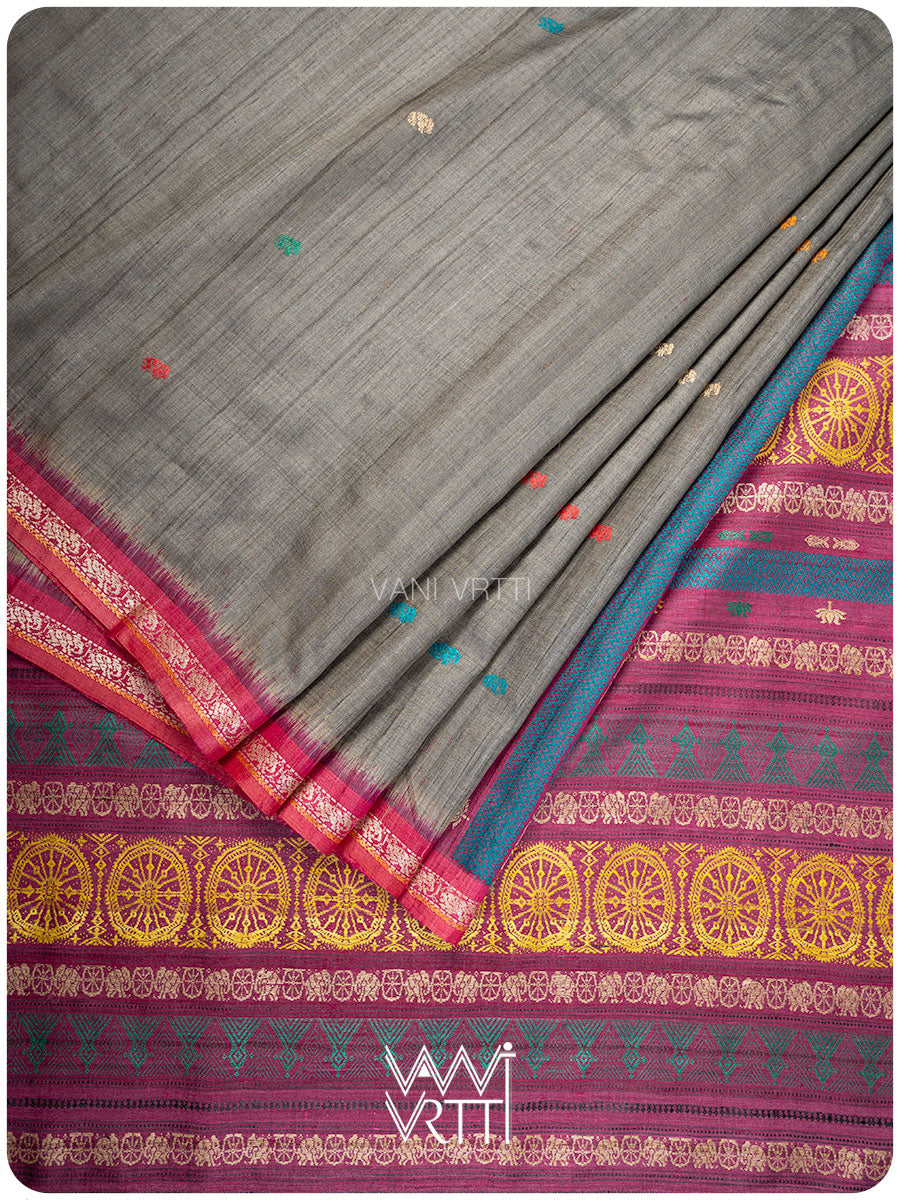 Slate Grey Airavata Konark Double Palla Handspun Tussar Silk Saree