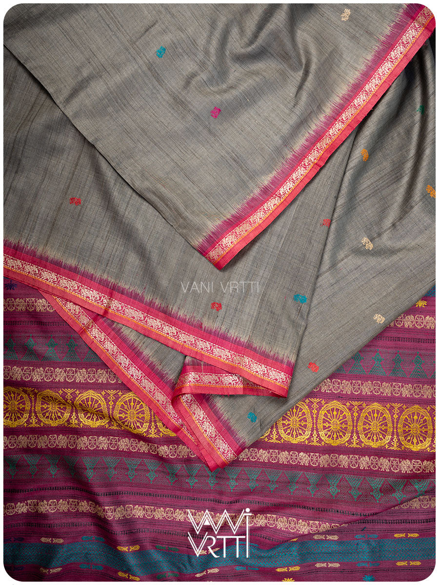 Slate Grey Airavata Konark Double Palla Handspun Tussar Silk Saree