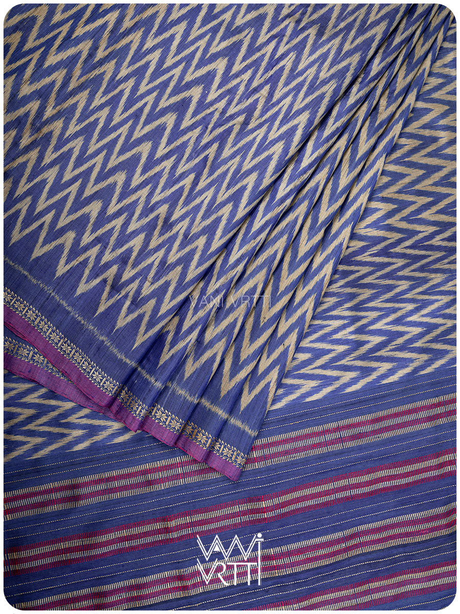 Royal Blue Aziz Ikat Handspun Tussar Silk Saree