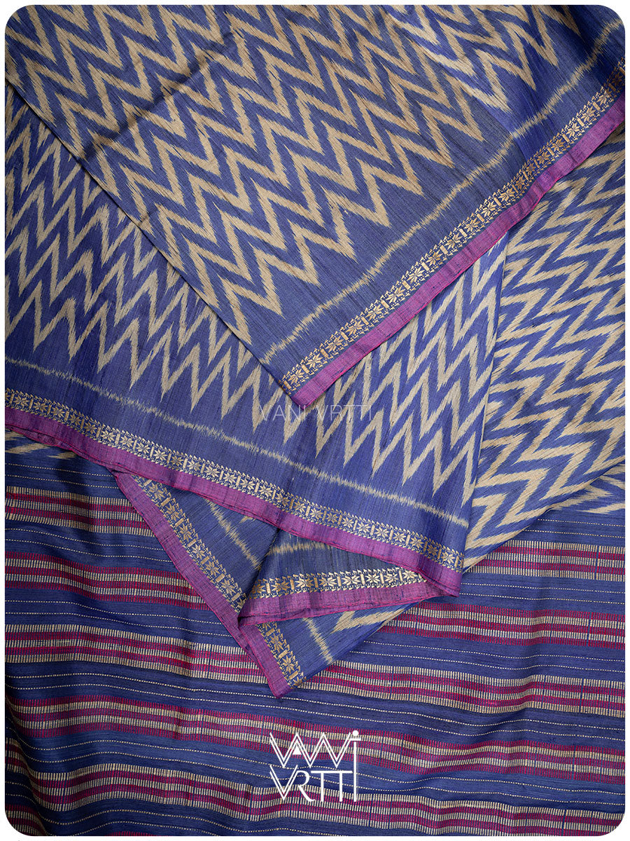 Royal Blue Aziz Ikat Handspun Tussar Silk Saree