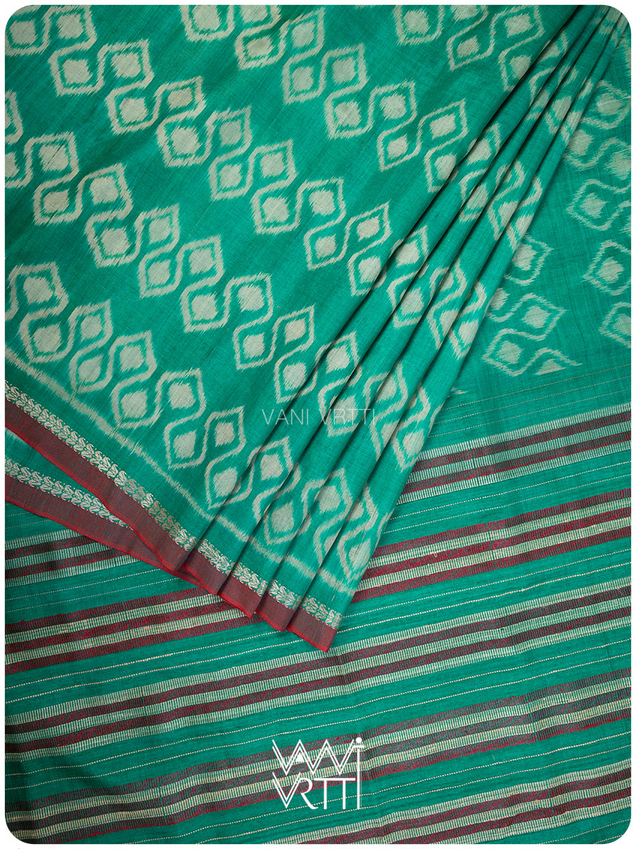 Green Santati Ikat Handspun Tussar Silk Saree