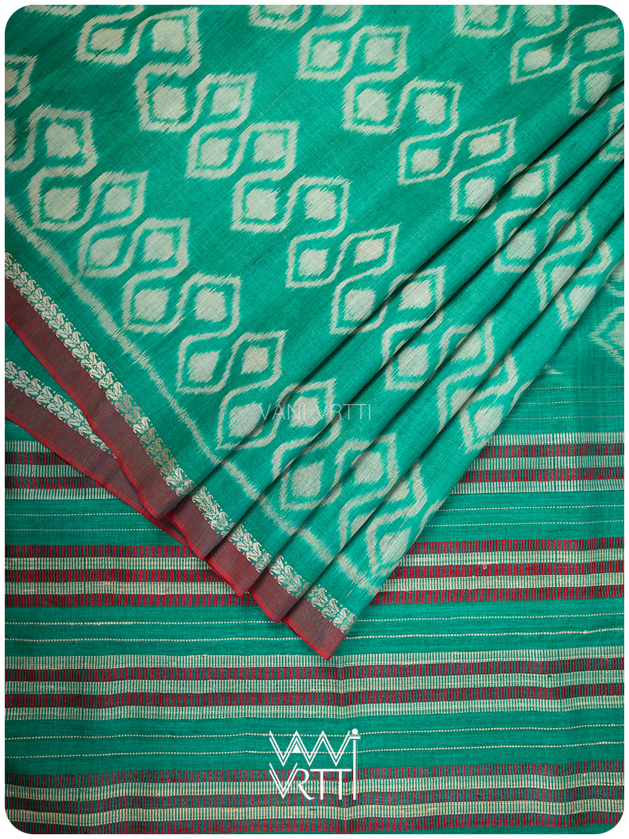 Green Santati Ikat Handspun Tussar Silk Saree