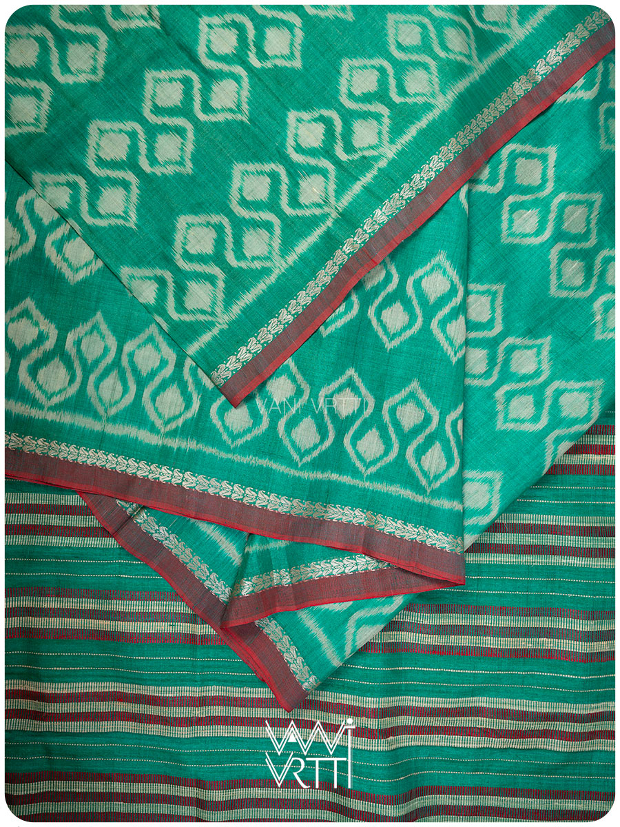 Green Santati Ikat Handspun Tussar Silk Saree