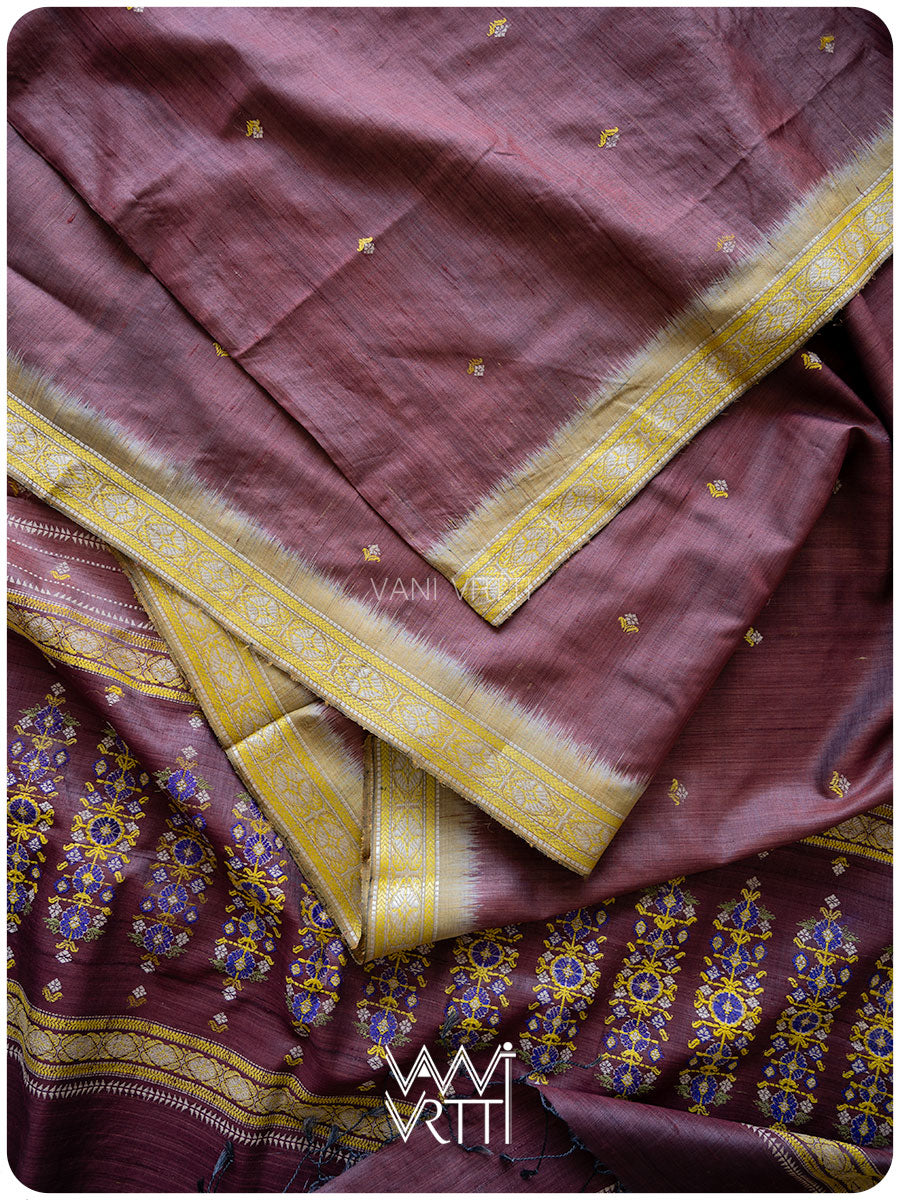 Brown Brahma Kamal Master Weave Exclusive Handspun Tussar Silk Saree