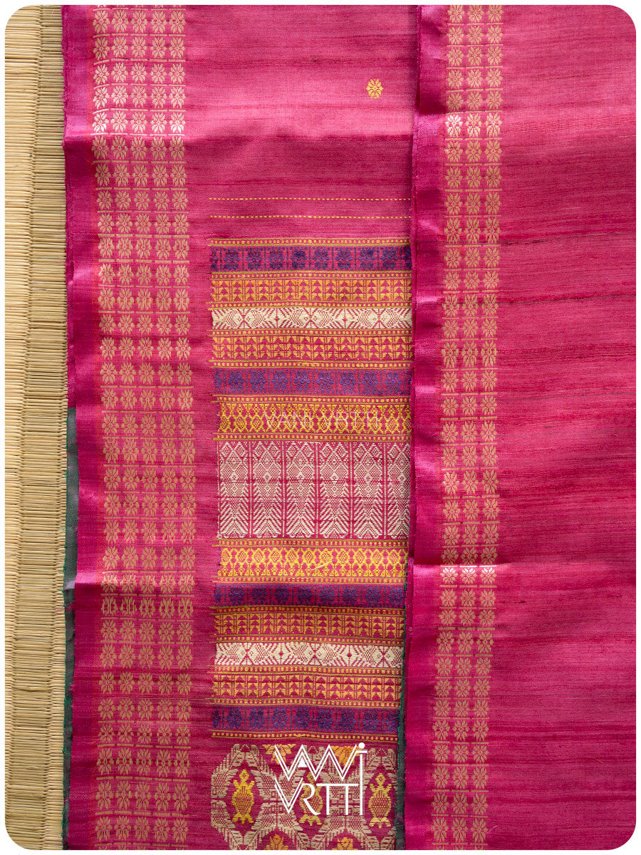 Pomegranate Pink Matsya Kachhap Handspun Tussar Silk Saree