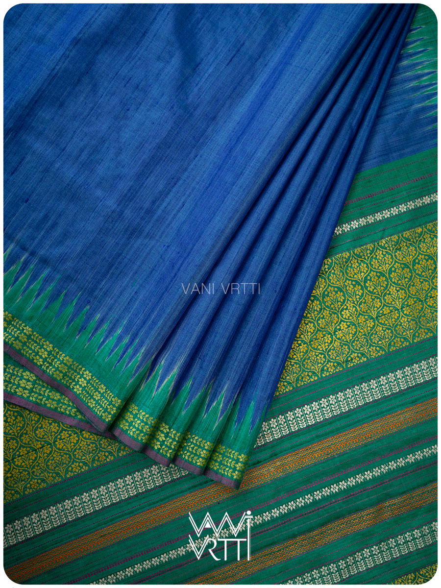 Royal Blue Emerald Green Parijat Handspun Tussar Silk Saree