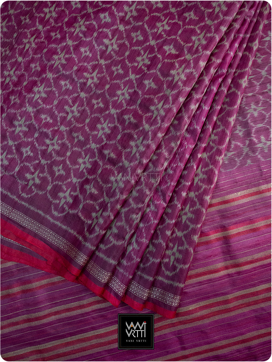 Mulberry Pink Chrysanthemum Master Weave Designer Handspun Ikat Tussar Silk Saree