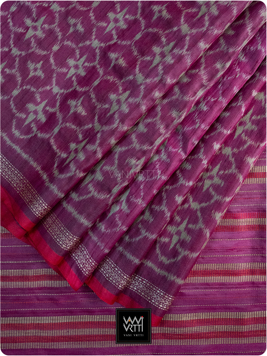 Mulberry Pink Chrysanthemum Master Weave Designer Handspun Ikat Tussar Silk Saree