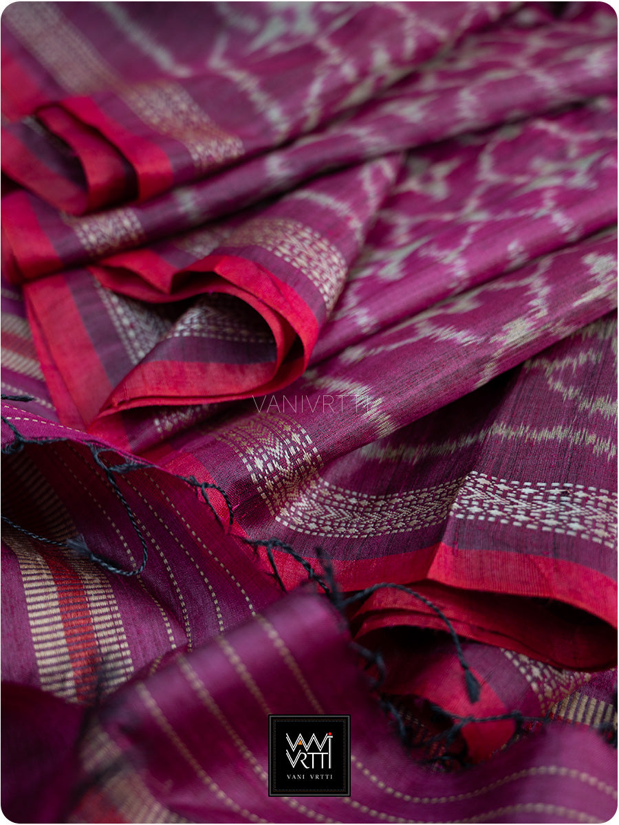 Mulberry Pink Chrysanthemum Master Weave Designer Handspun Ikat Tussar Silk Saree