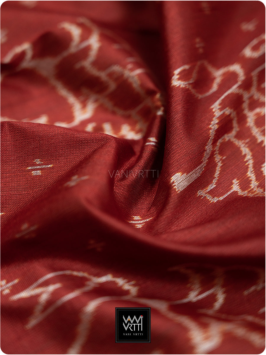 Brick Red Blue Passion Flower Phool Prakritik Madder & Indigo Natural Dyed Mulberry Silk Ikat Saree