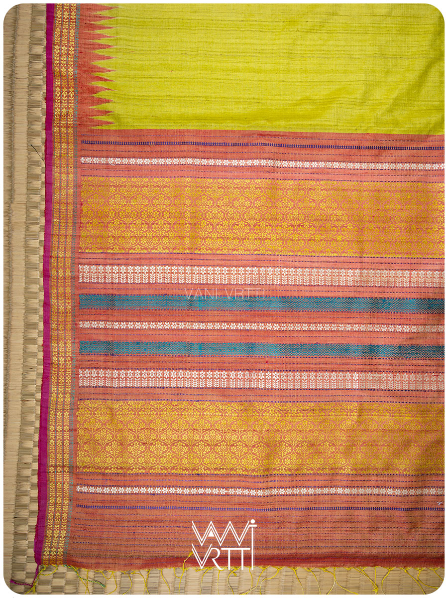 Banana Leaf Green Parijat Handspun Tussar Silk Saree