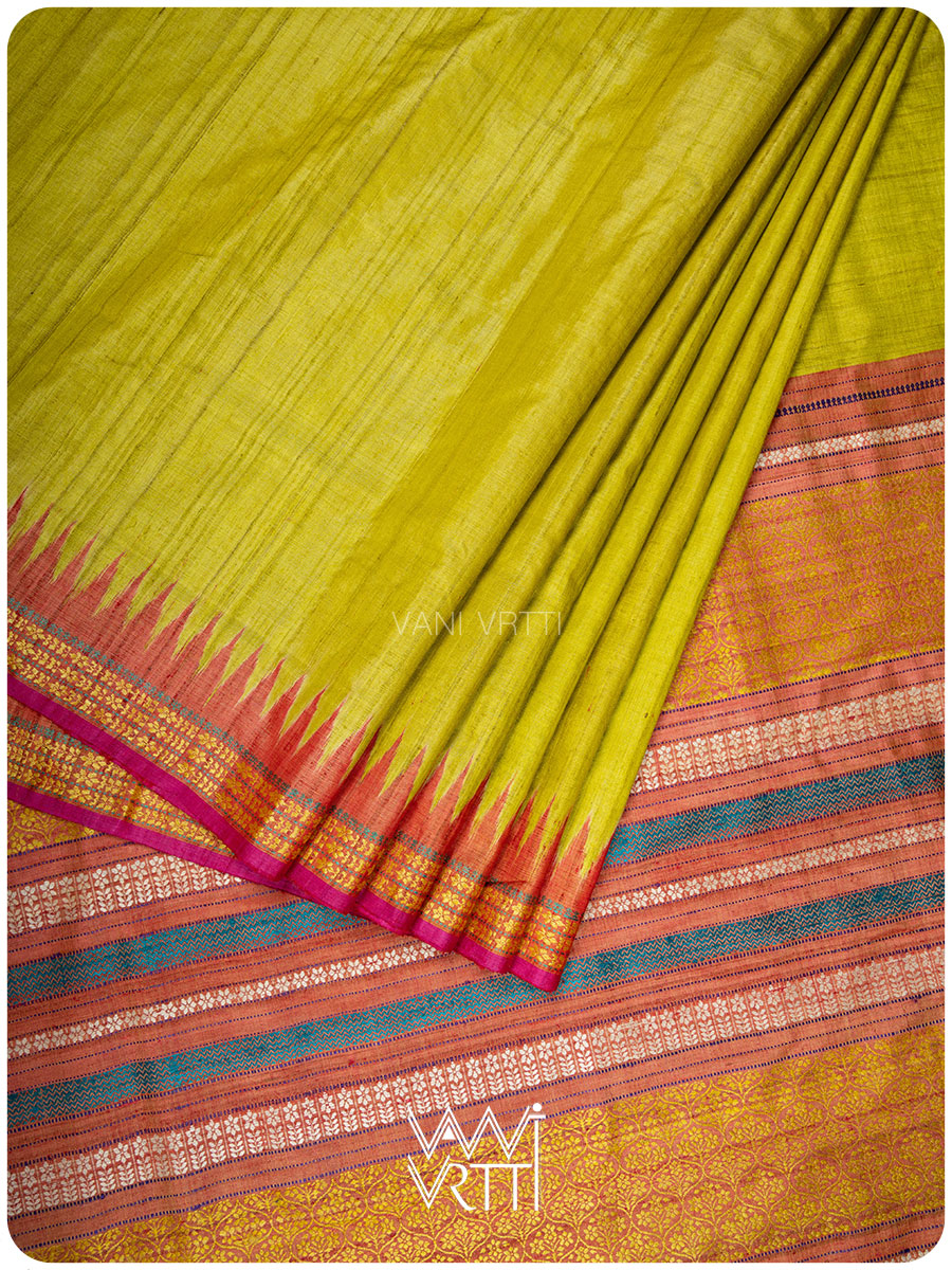 Banana Leaf Green Parijat Handspun Tussar Silk Saree