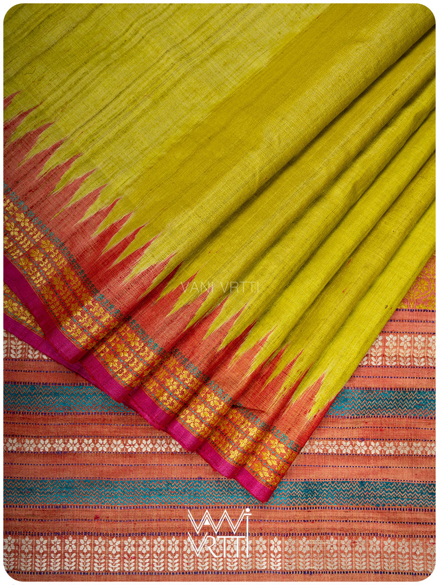 Banana Leaf Green Parijat Handspun Tussar Silk Saree