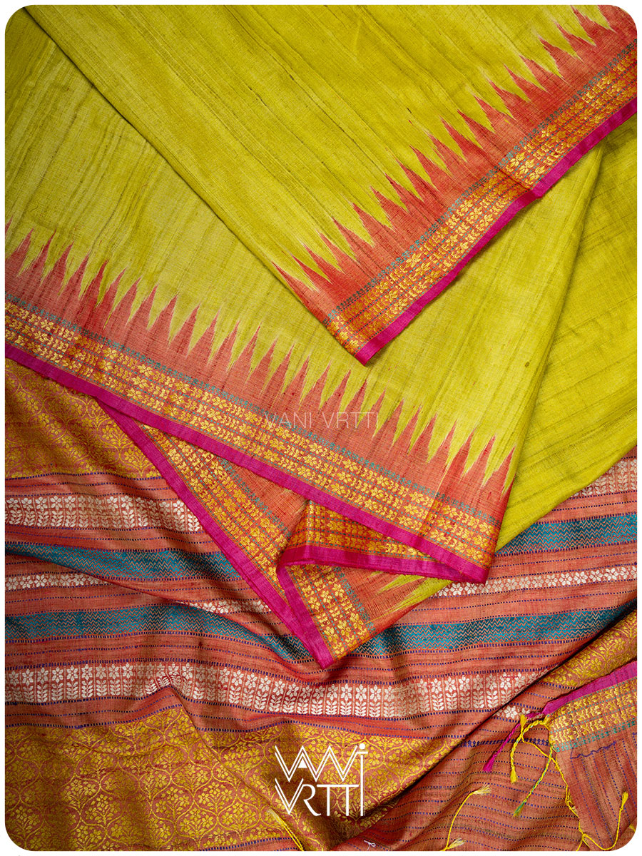 Banana Leaf Green Parijat Handspun Tussar Silk Saree