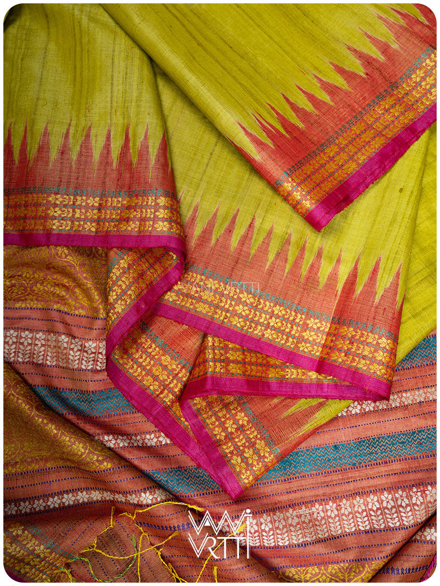 Banana Leaf Green Parijat Handspun Tussar Silk Saree