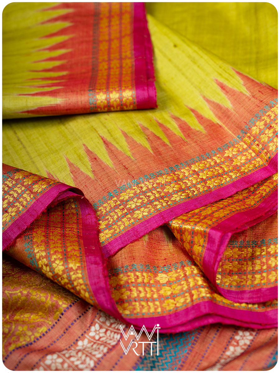 Banana Leaf Green Parijat Handspun Tussar Silk Saree