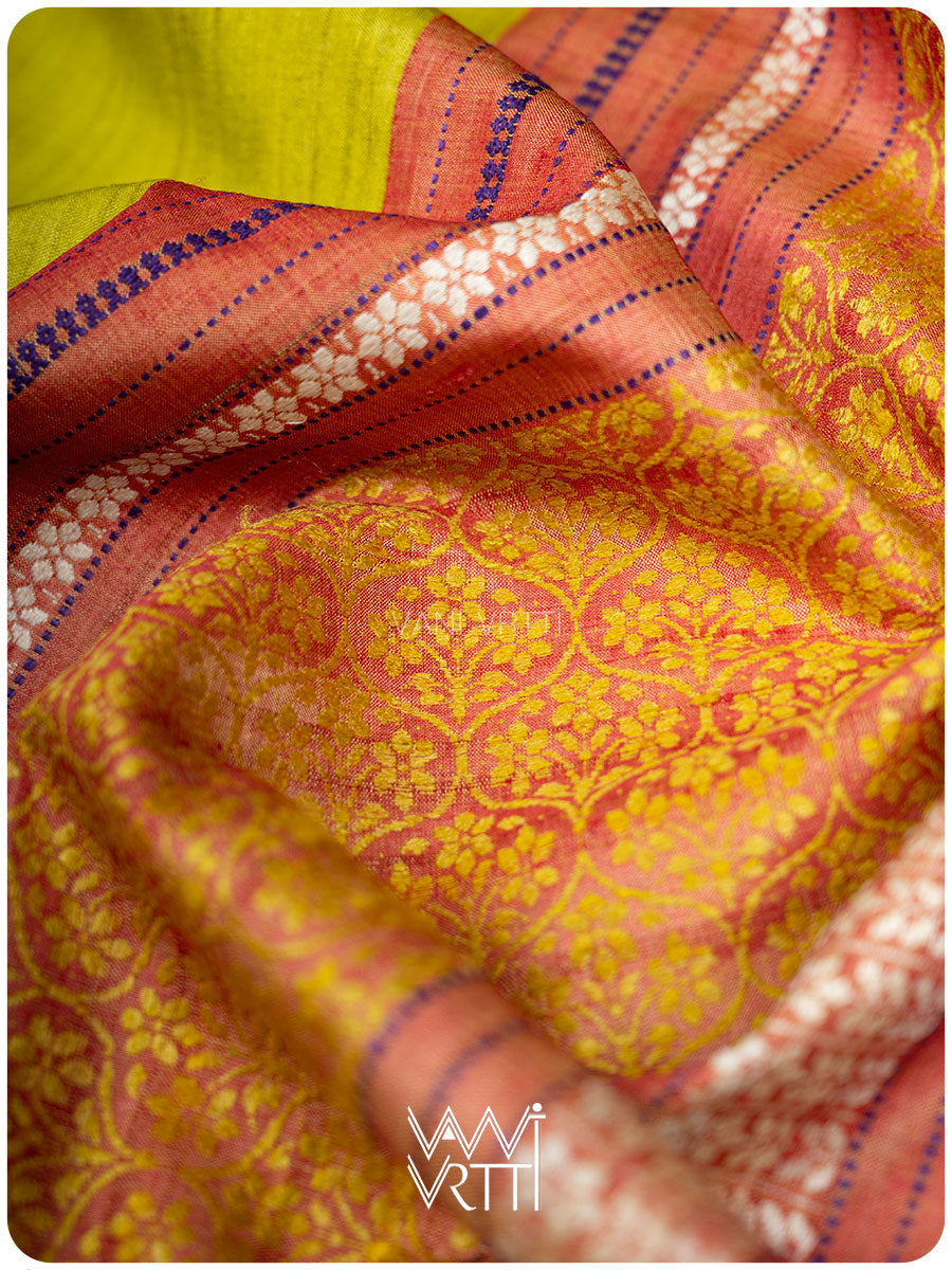 Banana Leaf Green Parijat Handspun Tussar Silk Saree