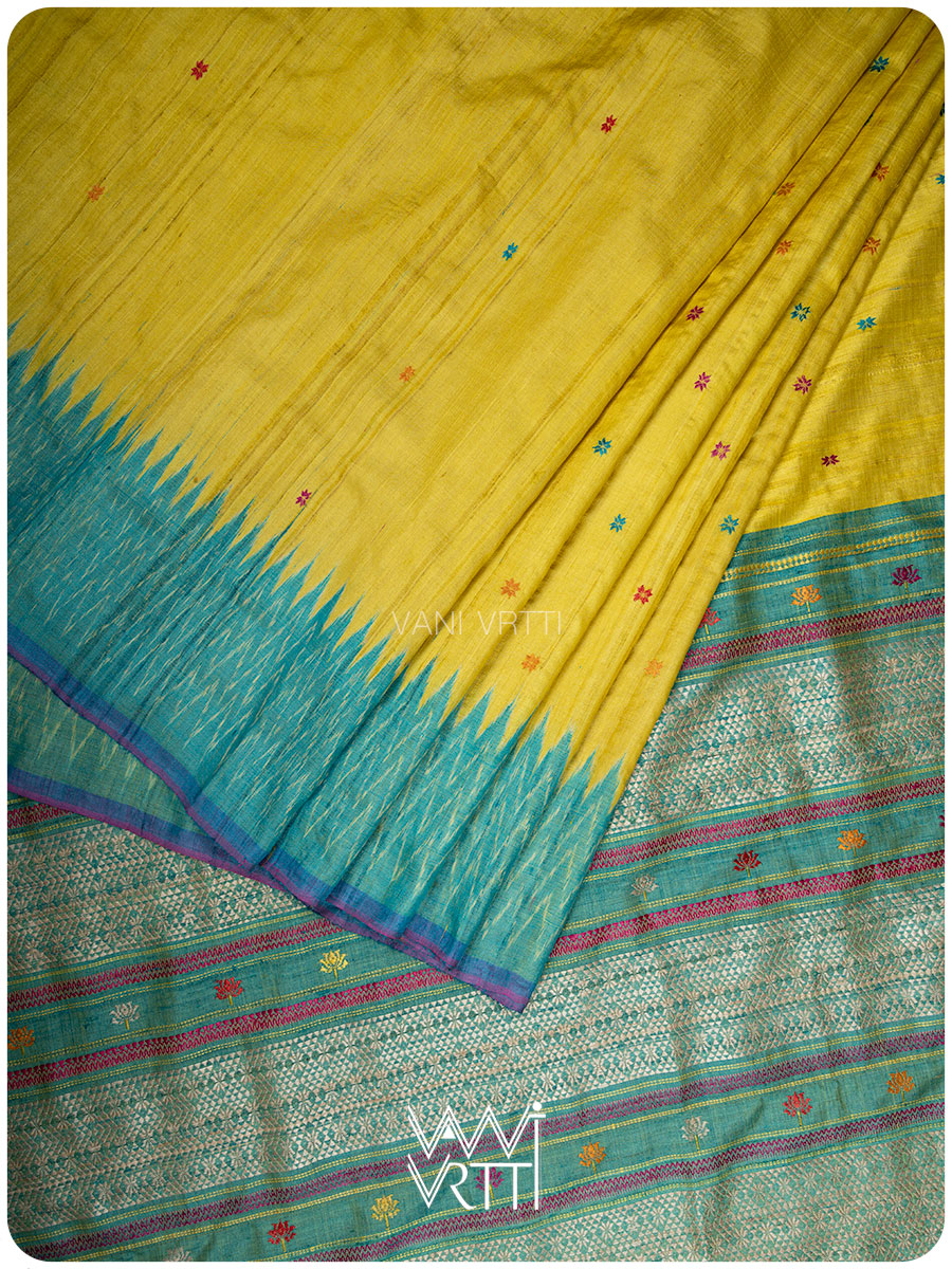 Yellow Sea Blue Pink Anjana Handspun Tussar Silk Saree