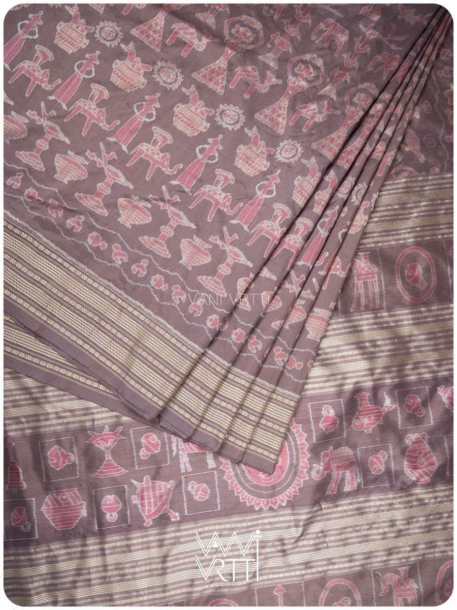 Dhokra Art Prakritik Lac & Tea Natural Dyed Mulberry Silk Ikat Saree